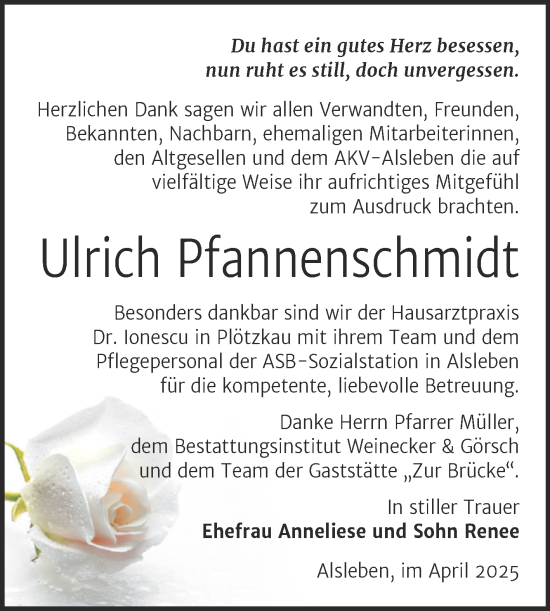 Traueranzeige von Ulrich Pfannenschmidt von Trauerkombi Bernburg