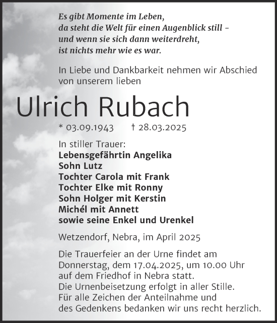 Traueranzeige von Ulrich Rubach von Super Sonntag Naumburg/Nebra