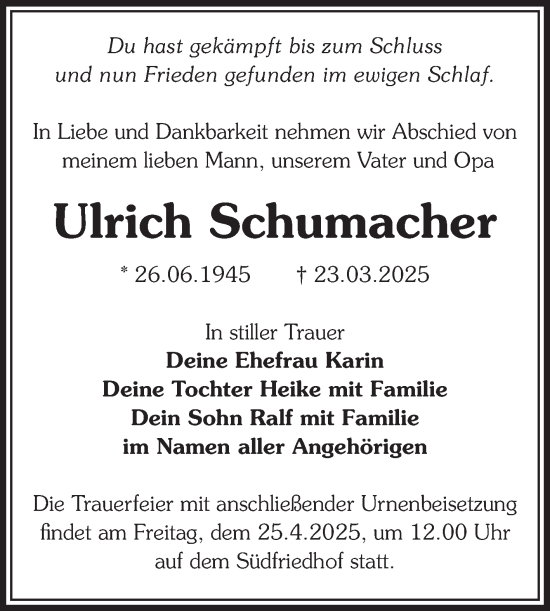 Traueranzeige von Ulrich Schumacher von Volksstimme Magdeburg