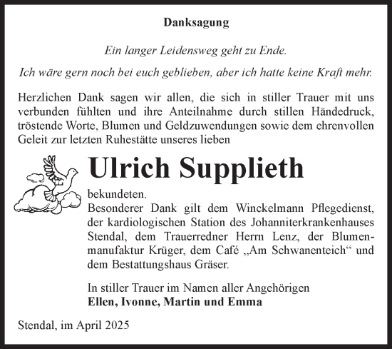 Traueranzeige von Ulrich Supplieth von Volksstimme Altmark Ost