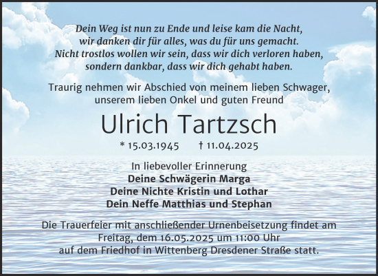 Traueranzeige von Ulrich Tartzsch von Trauerkombi Wittenberg