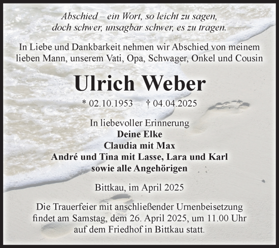 Traueranzeige von Ulrich Weber von Volksstimme Altmark Ost