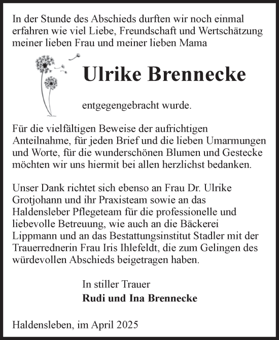 Traueranzeige von Ulrike Brennecke von Volksstimme Haldensleben/Wolmirstedt