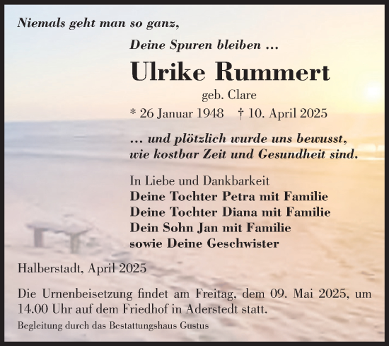 Traueranzeige von Ulrike Rummert von Volksstimme Halberstadt