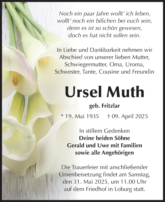 Traueranzeige von Ursel Muth von Volksstimme Zerbst