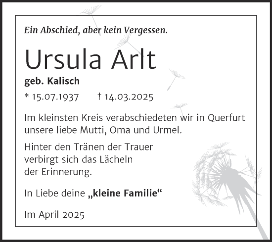 Traueranzeige von Ursula Arlt von Trauerkombi Merseburg