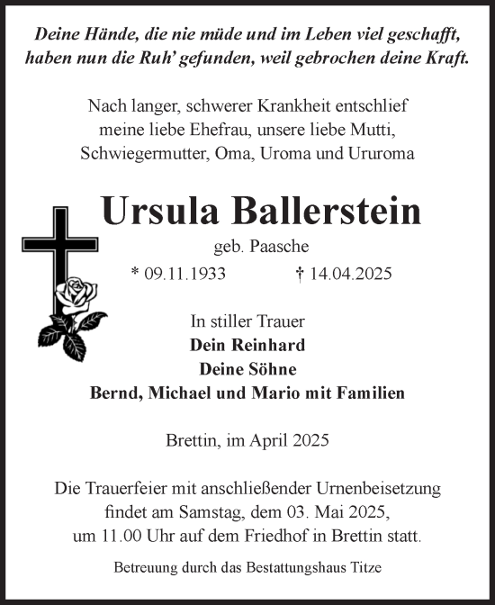 Traueranzeige von Ursula Ballerstein von Volksstimme Burg/Genthin
