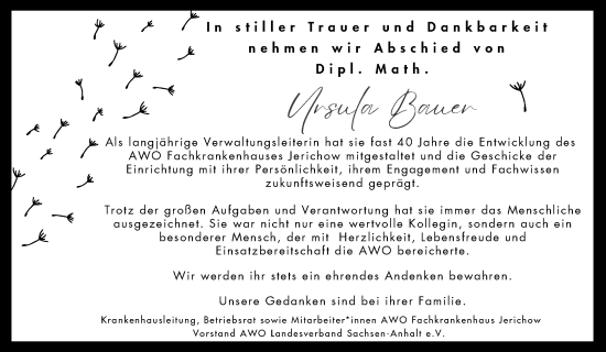 Traueranzeige von Ursula Bauer von Volksstimme Burg/Genthin