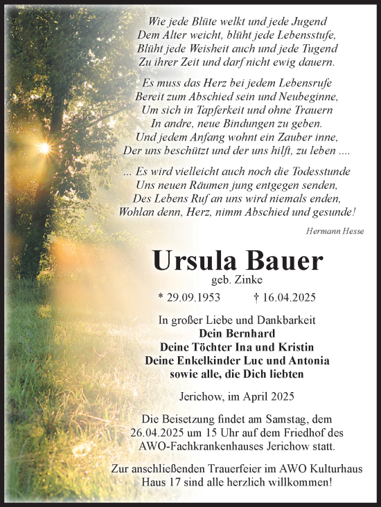 Traueranzeige von Ursula Bauer von Volksstimme Altmark Ost