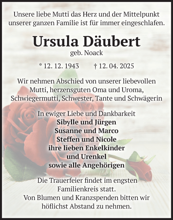 Traueranzeige von Ursula Däubert von Volksstimme Zerbst