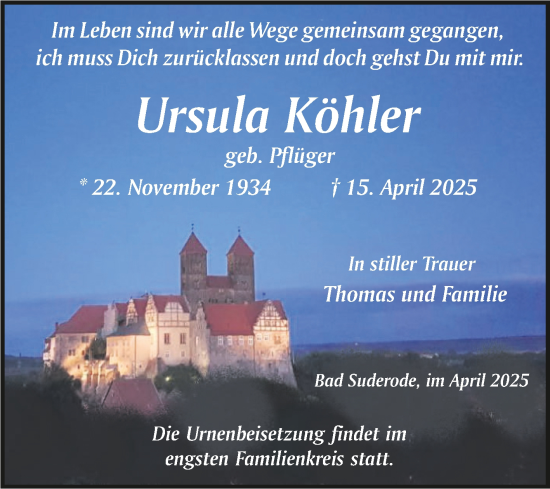 Traueranzeige von Ursula Köhler von Trauerkombi Quedlinburg