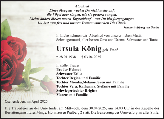 Traueranzeige von Ursula König von Volksstimme Oschersleben/Wanzleben