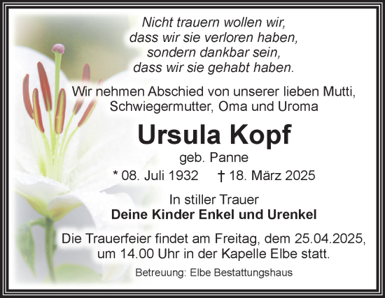 Traueranzeige von Ursula Kopf von Volksstimme Magdeburg