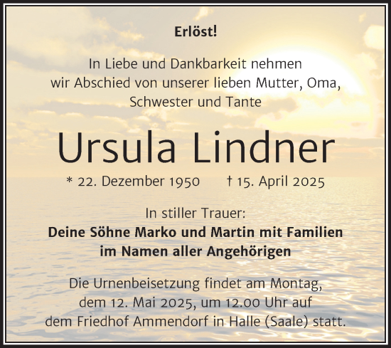 Traueranzeige von Ursula Lindner von Mitteldeutsche Zeitung Halle/Saalkreis