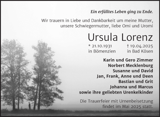 Traueranzeige von Ursula Lorenz von Naumburger Tageblatt