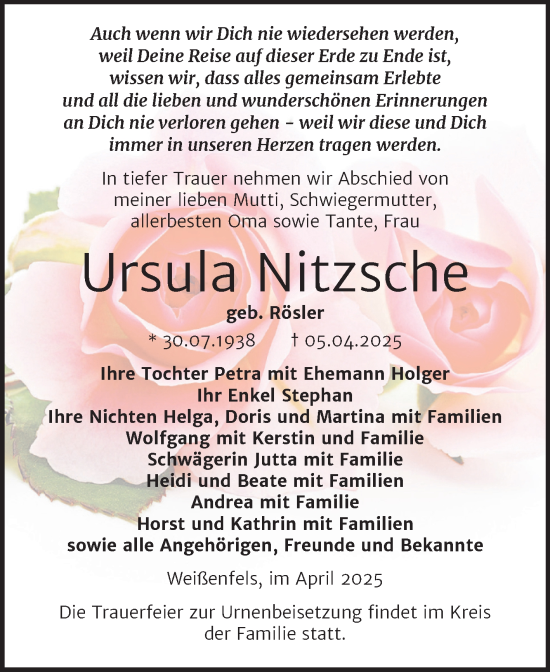 Traueranzeige von Ursula Nitzsche von Trauerkombi Weißenfels