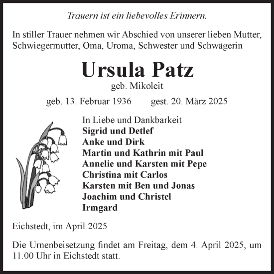 Traueranzeige von Ursula Patz von Volksstimme Altmark Ost