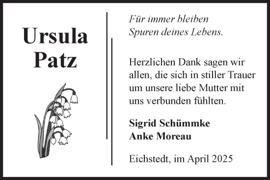 Traueranzeige von Ursula Patz von Volksstimme Altmark Ost