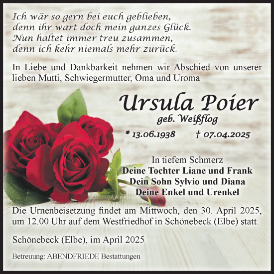 Traueranzeige von Ursula Poier von Volksstimme Schönebeck