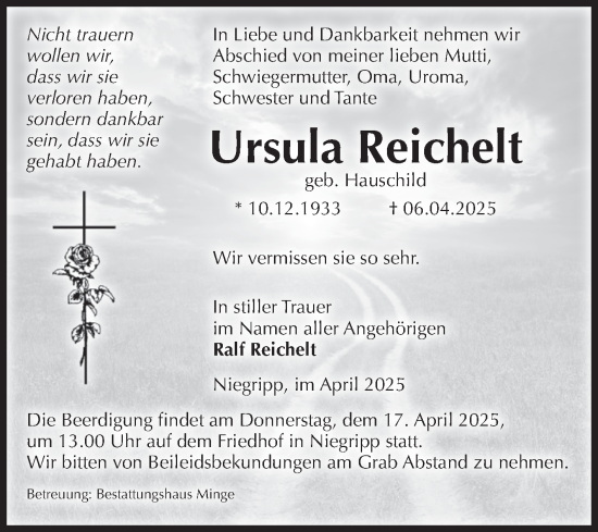 Traueranzeige von Ursula Reichelt von Volksstimme Burg/Genthin