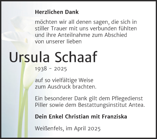 Traueranzeige von Ursula Schaaf von Trauerkombi Weißenfels