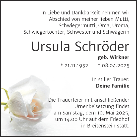 Traueranzeige von Ursula Schröder von Trauerkombi Sangerhausen