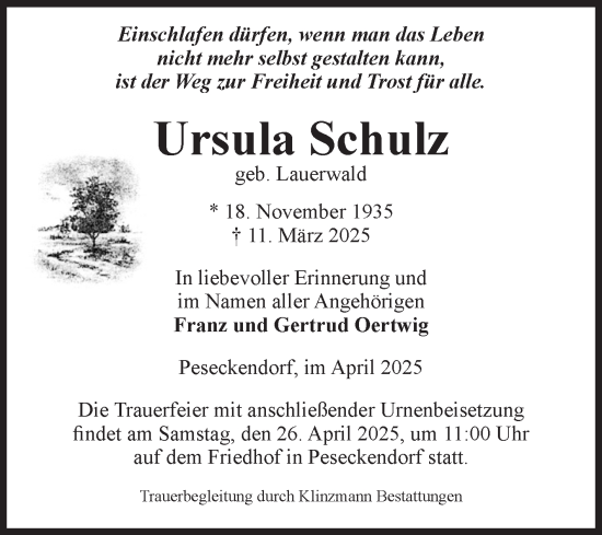 Traueranzeige von Ursula Schulz von Volksstimme Oschersleben/Wanzleben