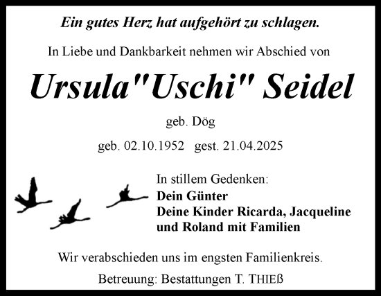 Traueranzeige von Ursula Seidel von Volksstimme Wernigerode