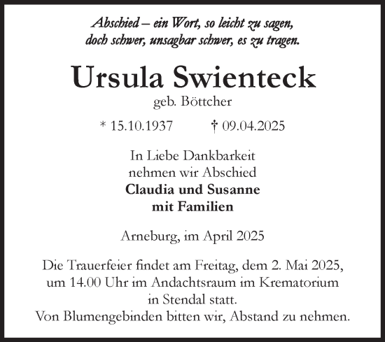 Traueranzeige von Ursula Swienteck von Volksstimme Altmark Ost