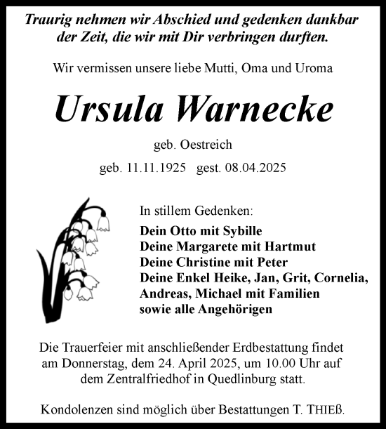 Traueranzeige von Ursula Warnecke von Trauerkombi Quedlinburg