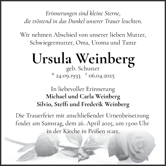Traueranzeige von Ursula Weinberg von Mitteldeutsche Zeitung Halle/Saalkreis