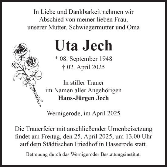 Traueranzeige von Uta Jech von Volksstimme Wernigerode