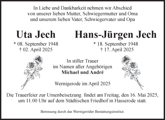 Traueranzeige von Uta und Hans-Jürgen Jech von Volksstimme Wernigerode