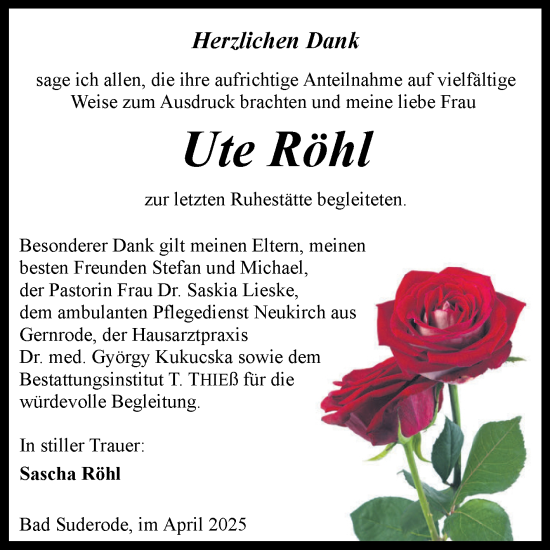 Traueranzeige von Ute Röhl von Trauerkombi Quedlinburg