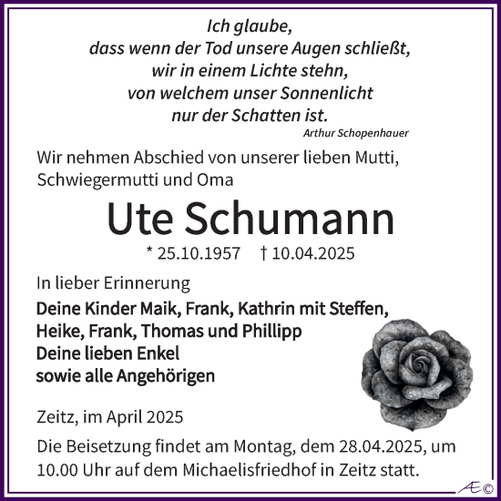 Traueranzeige von Ute Schumann von Trauerkombi Zeitz