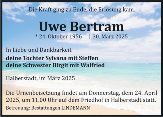 Traueranzeige von Uwe Bertram von Volksstimme Halberstadt