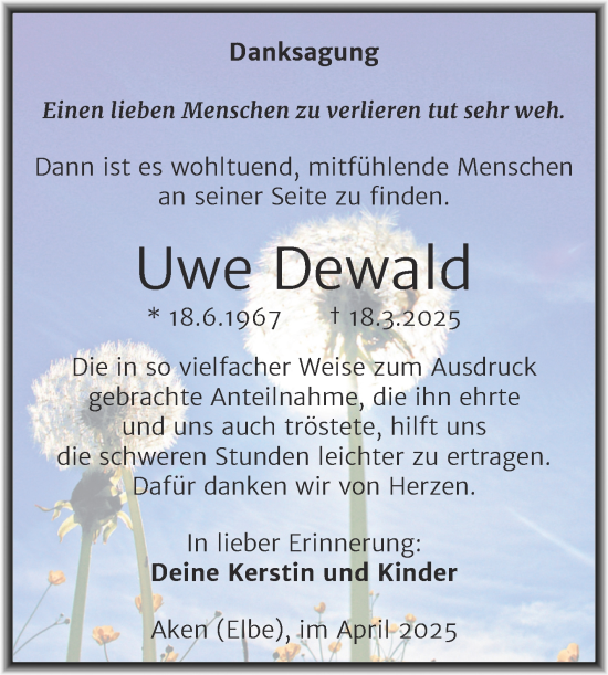 Traueranzeige von Uwe Dewald von Trauerkombi Köthen