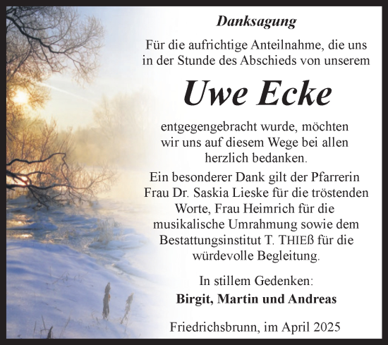 Traueranzeige von Uwe Ecke von Trauerkombi Quedlinburg