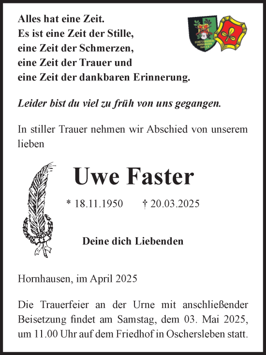 Traueranzeige von Uwe Faster von Volksstimme Oschersleben/Wanzleben