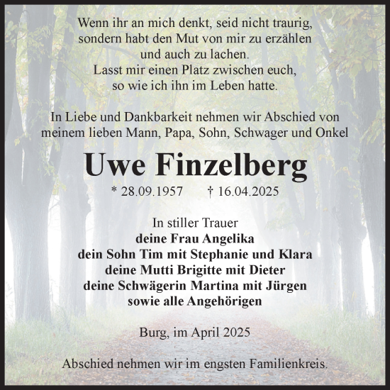 Traueranzeige von Uwe Finzelberg von Volksstimme Burg/Genthin