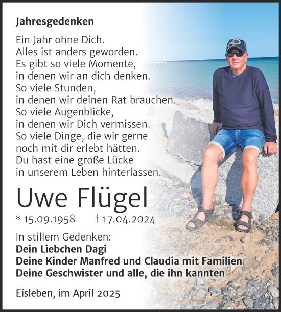 Traueranzeige von Uwe Flügel von Trauerkombi Mansfelder Land