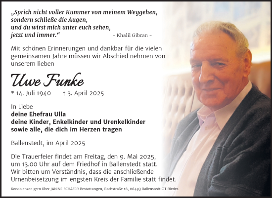 Traueranzeige von Uwe Funke von Trauerkombi Quedlinburg