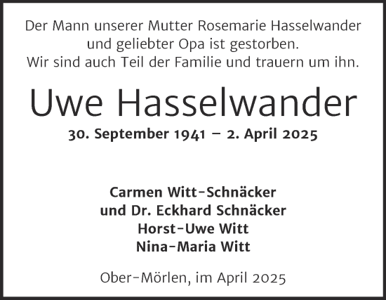 Traueranzeige von Uwe Hasselwander 