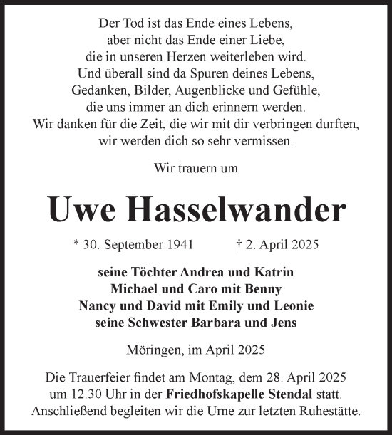 Traueranzeige von Uwe Hasselwander von Volksstimme Altmark Ost