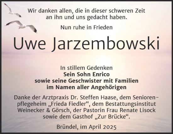 Traueranzeige von Uwe Jarzembowski von Trauerkombi Bernburg