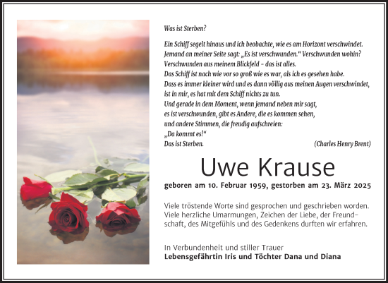 Traueranzeige von Uwe Krause von Trauerkombi Mansfelder Land