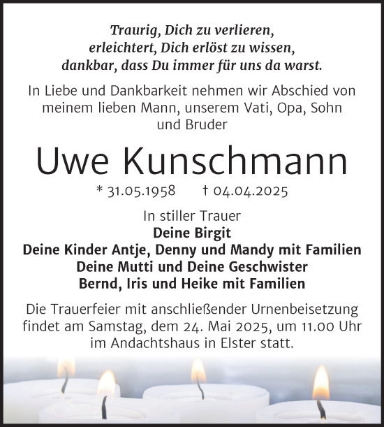 Traueranzeige von Uwe Kunschmann von Trauerkombi Wittenberg