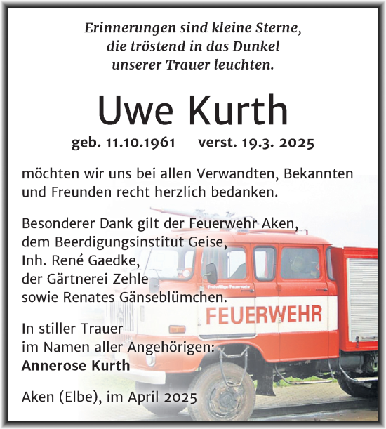 Traueranzeige von Uwe Kurth von Trauerkombi Köthen
