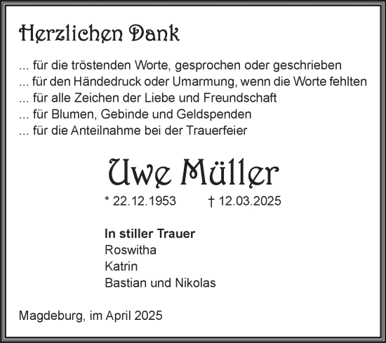 Traueranzeige von Uwe Müller von Volksstimme Magdeburg
