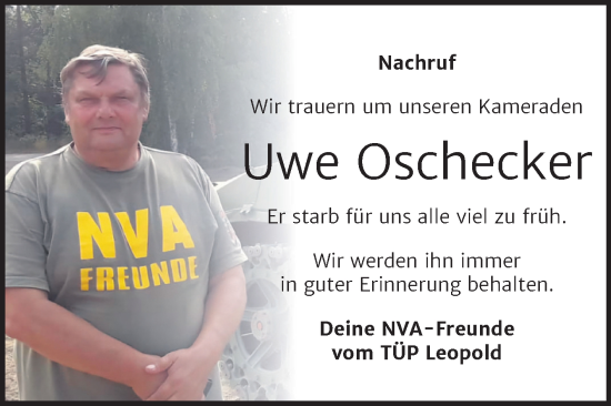 Traueranzeige von Uwe Oschecker von Super Sonntag Bernburg